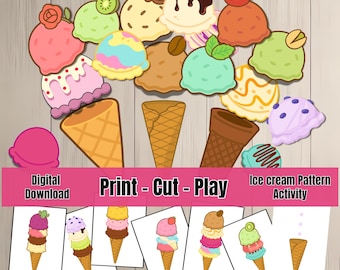 May include: A colorful ice cream pattern activity with various ice cream scoops and cones. The image includes the text "Print - Cut - Play" and "Ice cream Pattern Activity". The ice cream scoops are in various colors and flavors.