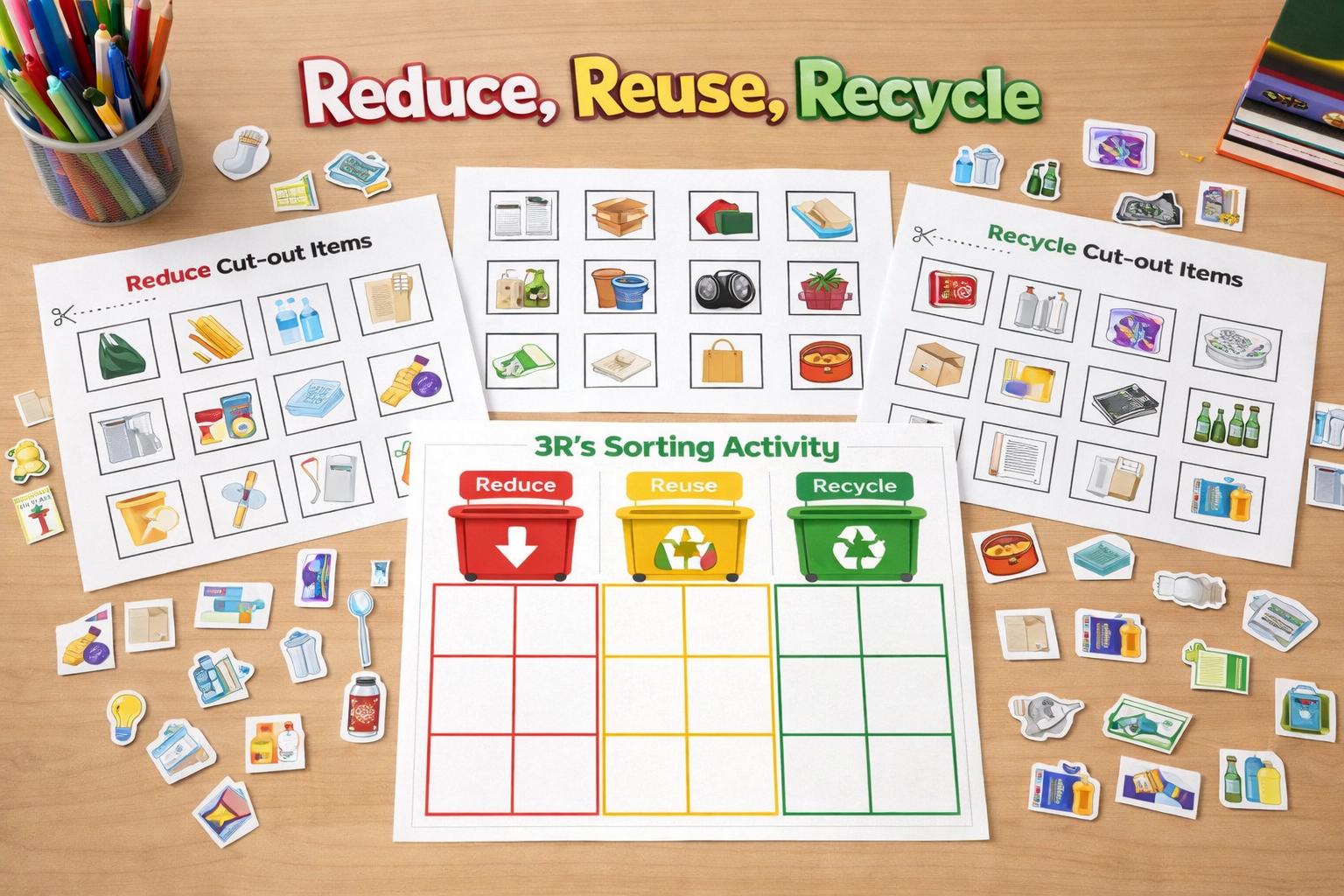 Reduce Reuse Recycle Sorting Activity | 3rs Cut and Paste Printable ...