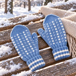 May include: A pair of blue knit mittens featuring a white vertical dotted pattern and ribbed cuffs with two horizontal white stripes. The mittens are constructed with a thick, textured yarn and display a consistent stitch throughout the design.
