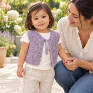 May include: A light purple sleeveless knit vest featuring a garter stitch texture and a front tie closure with two small decorative tassels. The vest is worn over a plain white short-sleeved t-shirt paired with light beige trousers.