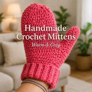 May include: A vibrant pink crochet mitten. The mitten has a textured appearance and a ribbed cuff. Text on the mitten reads "Handmade Crochet Mittens Warm & Cozy".