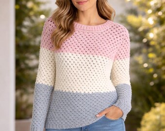 Color Block Crochet Sweater Pattern PDF – Women’s Textured Pullover ...