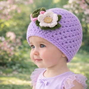 May include: A light purple crochet hat with a white flower, pink accents, and a green leaf design. The hat is adorned with a wooden button in the center of the flower. The hat is worn by a baby.
