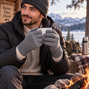 Könnte beinhalten: Ein Paar graue Strickhandschuhe mit gerippten Bündchen, getragen von einer Person in einer schwarzen Daunenjacke, einem cremefarbenen Zopfmusterpullover und einer passenden grauen Mütze, die eine weiße Tasse mit dunklem Rand am Lagerfeuer hält.