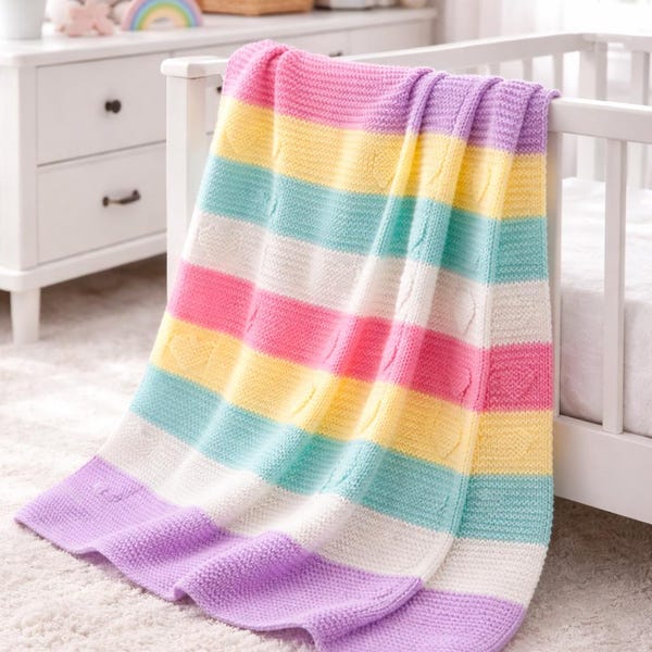 Rainbow Stripe Baby Blanket Knitting Pattern – Easy Beginner Nursery Throw PDF