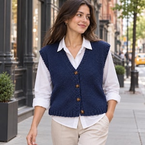 May include: A navy blue knit sweater vest featuring a V-neckline, a ribbed hem, and four brown buttons down the front. The vest is layered over a crisp white long-sleeved button-down shirt and paired with light beige trousers.