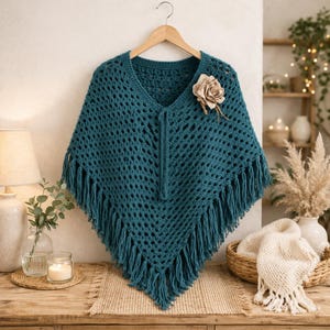 Padrão de poncho de crochê em PDF | Padrão de poncho boho fácil com franjas e cordão | Ideal para iniciantes | Tamanhos do PP ao 5XG