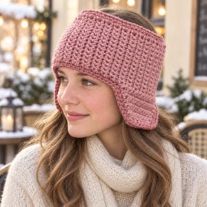 Op de afbeelding: Een oudroze gehaakte oorwarmer-hoofdband met een breed ontwerp dat de oren bedekt met verlengde zijflappen. Het accessoire is gemaakt met een gestructureerd ribbelpatroon en biedt volledige bedekking voor het voorhoofd en de oren.