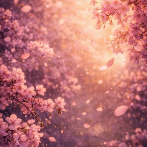 以下が含まれることがあります： 満開のピンク色の桜の夢のような画像。花びらが舞い散り、背景は柔らかくぼやけています。暖かい太陽の光が降り注ぎ、ロマンチックで穏やかな雰囲気を作り出しています。