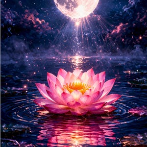 May include: A digital art image of a pink lotus flower floating on water, reflecting the light of a full moon in a starry night sky. The flower's petals are a gradient of pink, with a yellow center. The water ripples around the flower.