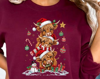 Christmas Cow Sweatshirt, Cow Lights Sweater, Cute Holiday Cow Shirt, Cow Lover Gift, Winter Highland Cow Crewneck, Farm Christmas Tshirt