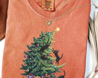 Comfort Colors Black Cat Christmas Tree Shirt: Funny Cat Lover Holiday Tee, Christmas Black Cat Shirt, Cat lover gift, Christmas Gift