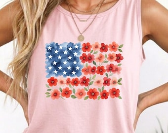 American Floral Flag Tank Top, Comfort Colors Independence Day Apparel, Patriotic Top, USA Flower Shirt, Cute 4th of July Sleeveless