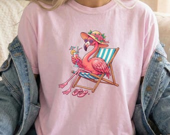 Comfort Colors® Flamingo Summer Shirt, Hello Summer Flamingo Shirt, Beach Vacation Tee, Cute Summer Shirt Women, Vacation Outfit