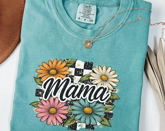 Floral Mama Shirt Comfort Colors Mom Spring Tee Trendy Mom Tshirt Women's Flower Mama Shirt Pregnancy Reveal Gift Blue Pink Bow Shirt