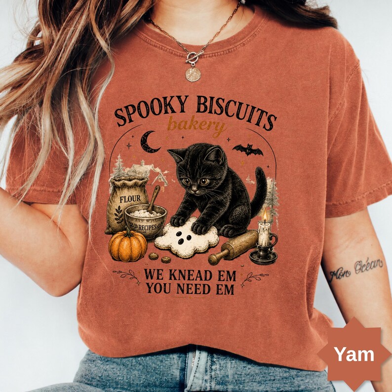 Comfort Colors® Kitty Biscuits Shirt Spooky Season Tee Black Cat Halloween Fall TShirt Vintage Baking Pumpkin T-Shirt Cat Lover Fall Gift image 2