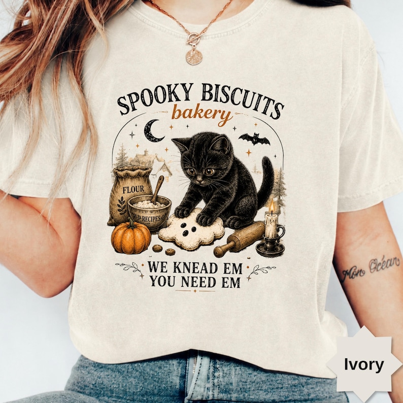 Comfort Colors® Kitty Biscuits Shirt Spooky Season Tee Black Cat Halloween Fall TShirt Vintage Baking Pumpkin T-Shirt Cat Lover Fall Gift image 1