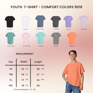 May include: A youth t-shirt in melon color is modeled by a young person. The image displays a color chart with various t-shirt colors, including black, white, blue jean, pepper, violet, orchid, seafoam, blossom, chalky, and gray. Measurement details are also provided.