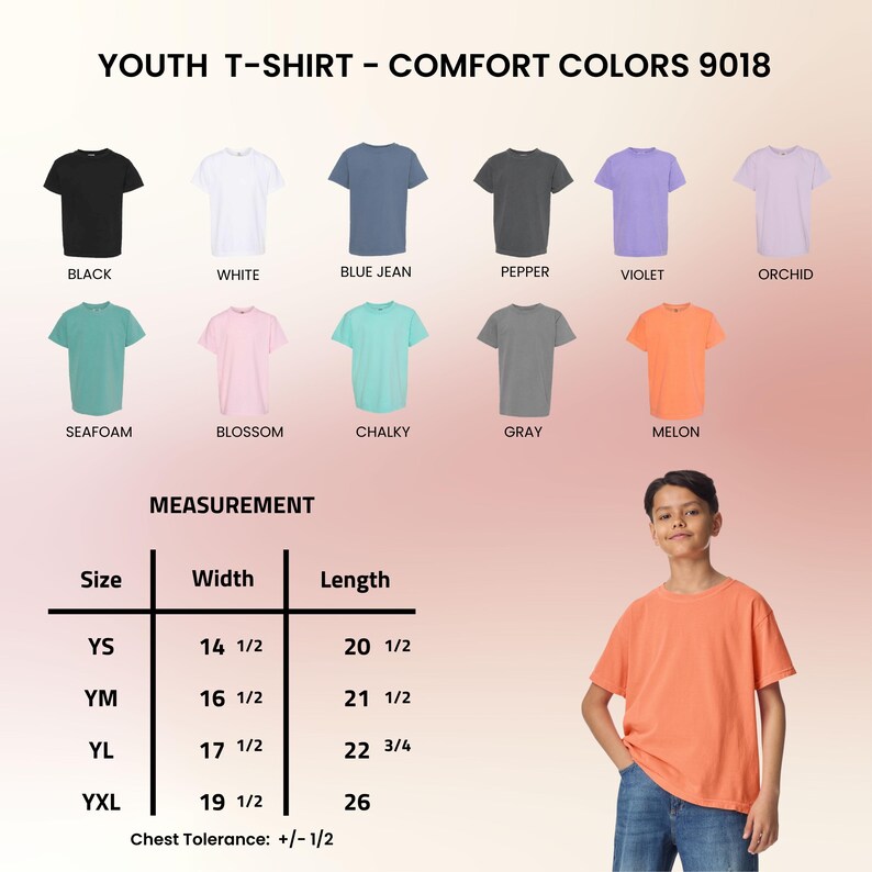 May include: A youth t-shirt in melon color is modeled by a young person. The image displays a color chart with various t-shirt colors, including black, white, blue jean, pepper, violet, orchid, seafoam, blossom, chalky, and gray. Measurement details are also provided.