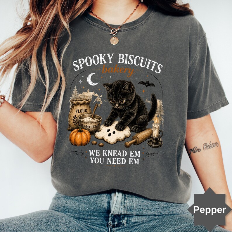 Comfort Colors® Kitty Biscuits Shirt Spooky Season Tee Black Cat Halloween Fall TShirt Vintage Baking Pumpkin T-Shirt Cat Lover Fall Gift image 5