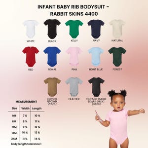 May include: A variety of infant baby rib bodysuits in various colors, including white, black, red, and pink. The image displays the Rabbit Skins 4400 collection, with size and measurement details. A baby is wearing a pink bodysuit.