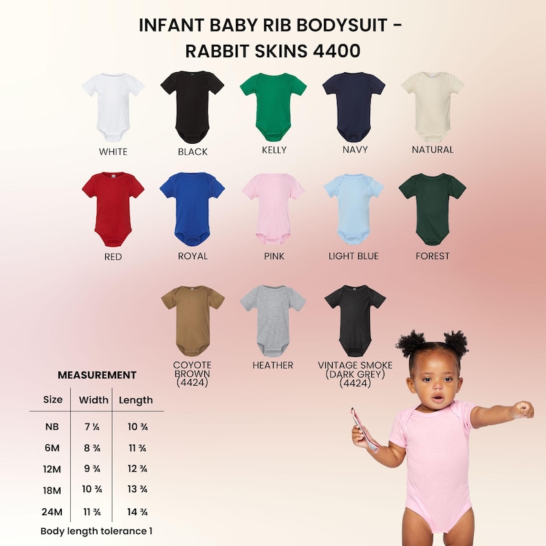 May include: A variety of infant baby rib bodysuits in various colors, including white, black, red, and pink. The image displays the Rabbit Skins 4400 collection, with size and measurement details. A baby is wearing a pink bodysuit.
