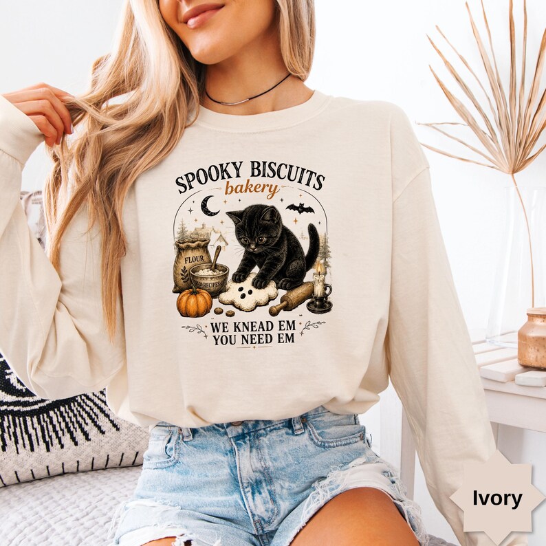Comfort Colors® Kitty Biscuits Shirt Spooky Season Tee Black Cat Halloween Fall TShirt Vintage Baking Pumpkin T-Shirt Cat Lover Fall Gift image 11