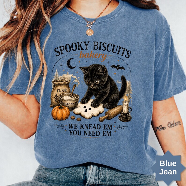 Comfort Colors® Kitty Biscuits Shirt Spooky Season Tee Black Cat Halloween Fall TShirt Vintage Baking Pumpkin T-Shirt Cat Lover Fall Gift image 6