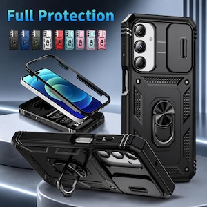 May include: A black protective smartphone case featuring a sliding camera lens cover, a circular ring stand on the back, and a rugged textured frame. The case is shown in multiple colours, including blue, red, and pink, with a screen protector frame.