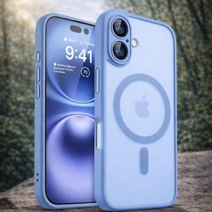 Puede incluir: Dos fundas de teléfono azul claro, una con una pantalla que muestra la hora y la fecha. Las fundas tienen una parte trasera transparente con un diseño circular y un logotipo de Apple. Las fundas están diseñadas para proteger el teléfono.