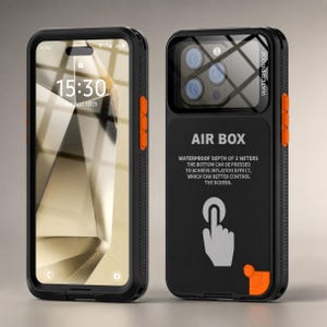 May include: A black waterproof smartphone case with orange side buttons. The back features the text AIR BOX, WATERPROOF DEPTH OF 2 METERS, THE BOTTOM CAN BE PRESSED TO ACHIEVE INFLATION EFFECT, WHICH CAN BETTER CONTROL THE SCREEN, and a hand icon.