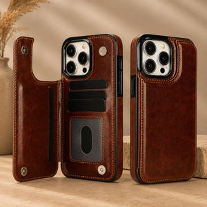 Puede incluir: Una funda de teléfono de cuero marrón oscuro con diseño de billetera plegable. La funda cuenta con múltiples ranuras para tarjetas, una ventana transparente para identificación y un cierre de botón a presión. Incluye un recorte para la cámara.