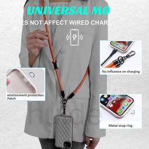 May include: A phone case with a quilted design is attached to an orange lanyard. The lanyard has black connectors and a metal snap ring. The image includes text that reads "UNIVERSAL MO" and "ES NOT AFFECT WIRED CHAR".