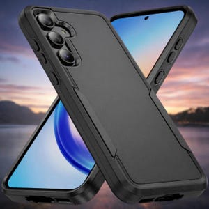 May include: Black protective phone case with a rugged design. The case features a matte finish and a raised bezel around the camera lenses. The phone's screen is visible, displaying a blue and white image. The case is designed to protect the phone from damage.