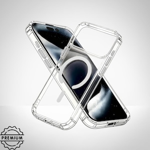 May include: Clear phone case with a transparent design, showcasing the phone's features. The case has a sleek, minimalist aesthetic, with precise cutouts for buttons and ports. The phone is black with a white circular design on the back. The word "PREMIUM" is printed on the bottom left.