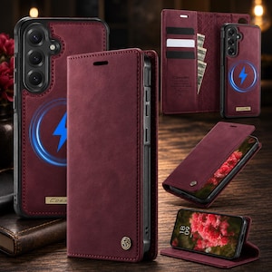 Könnte beinhalten: Eine bordeauxrote Handyhülle im Brieftaschen-Design mit Magnetverschluss und einem kreisförmigen Ladesymbol mit blauem Blitz. Die Hülle verfügt über Kartenfächer, ein Metall-Logo und ein faltbares Design als Ständer für das Display.