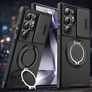 May include: Black phone cases with a sliding camera cover and a ring holder. The cases have a sleek design with multiple camera cutouts and a metallic ring for a secure grip. The ring can also be used as a stand.