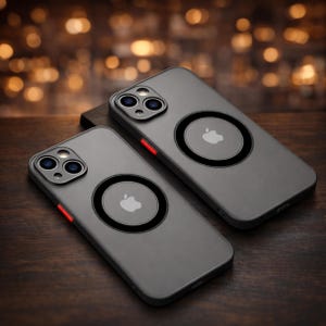 Könnte beinhalten: Zwei graue Handyhüllen mit einem schwarzen kreisförmigen Design und einem weißen Apple-Logo. Die Hüllen haben einen roten Akzent an der Seite und einen Kameraausschnitt. Die Hüllen liegen auf einer dunklen Holzoberfläche.