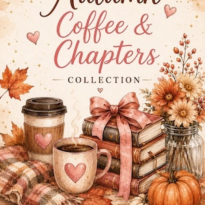 Pode incluir: Uma ilustração em aguarela com o texto Autumn Coffee & Chapters COLLECTION by Yesi. A cena inclui uma pilha de livros atados com uma fita cor-de-rosa, uma chávena de café, um copo, uma manta aos quadrados, folhas de outono e abóboras.