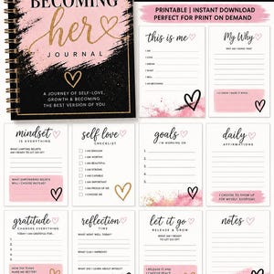 Könnte beinhalten: Ein schwarz-goldenes Spiralbuch mit dem Titel "Becoming Her Journal" mit einem rosa-goldenen Design. Das Journal enthält Seiten für Selbstliebe, Ziele, Dankbarkeit und Affirmationen. Das Journal ist ein druckbares PDF.