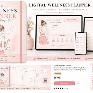 May include: A digital wellness planner with a pink cover featuring an illustration of a woman. The planner includes sections for planning, tracking, and reflection. The image also shows a tablet and phone displaying the planner's digital interface.