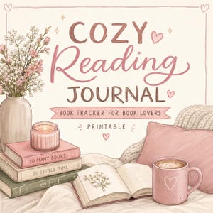 May include: A cosy illustration of a reading journal with the text "COZY Reading JOURNAL" and "BOOK TRACKER FOR BOOK LOVERS". The image includes a stack of books, a candle, a mug, and a vase of flowers, all in soft pink and beige tones.