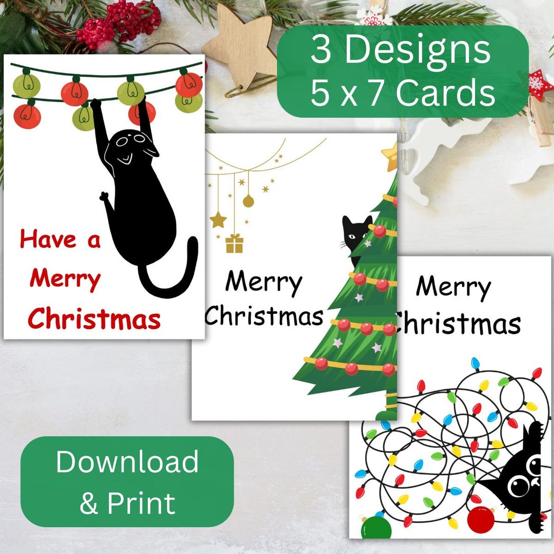 Funny Cat Christmas Card Set, Humorous Holiday Greetings, Digital ...
