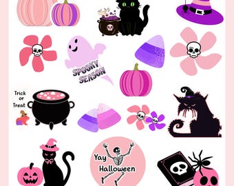 Pegatinas de Halloween en tonos rosa y morado, estilo gótico pastel, rosa y morado. Archivos PNG imprimibles, descarga digital, regalo.
