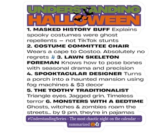 Understanding Halloween: Funny Kiss-Cut Sticker for Spooky Season | History, Costumes & Candy Chaos