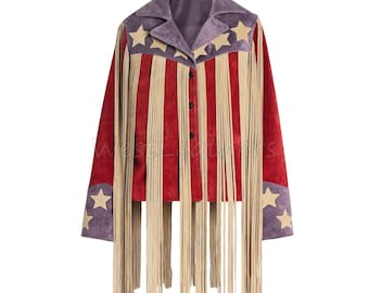 May include: A suede jacket with a patriotic design. The jacket features red and cream stripes, purple accents, and tan fringe. Gold stars adorn the shoulders. The jacket has a button-up front and a collar.