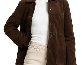 Blazer in pelle scamosciata marrone: giacca western minimalista da donna