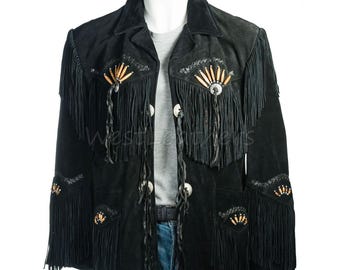 Men’s Black Suede Fringe Western Jacket: Cowboy Leather Coat with Concho & Bone Bead