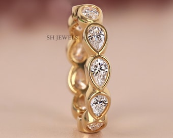 Anello eternity East West con taglio a pera, fede con diamanti creati in laboratorio incastonati a castone, fede nuziale in oro massiccio 14 carati, anello per anniversario da donna, anello impilabile