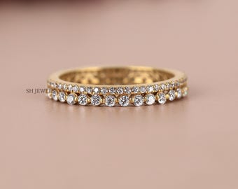 Double Row Pave Full Eternity Band, Lab Grown Diamond Wedding Band in 14K Solid Yellow Gold Minimalist Bridal Band For Her, Daily Wear Ring